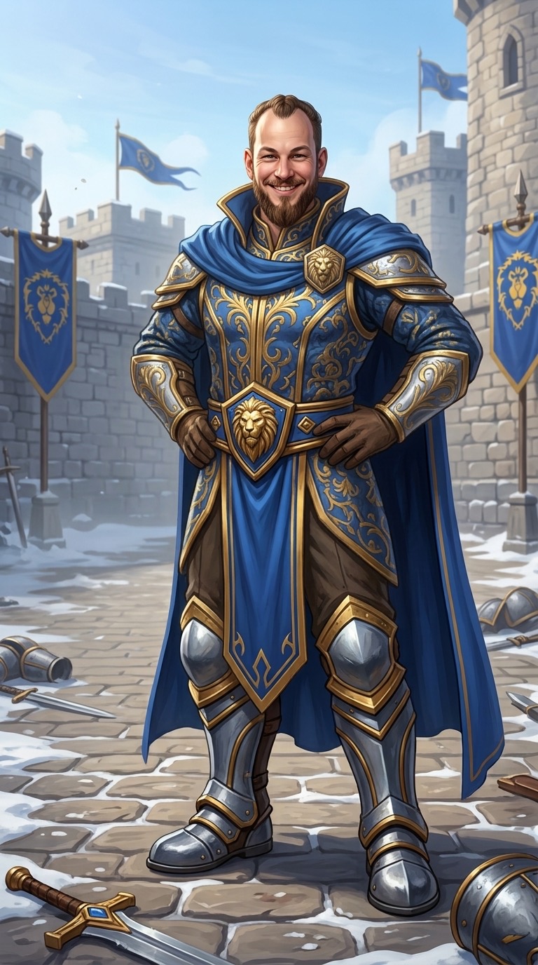 Portrait en pied du marié en héros de l'Alliance : armure bleu et or ornée de lions, cape bleue, mains sur les hanches, devant les remparts et les bannières.